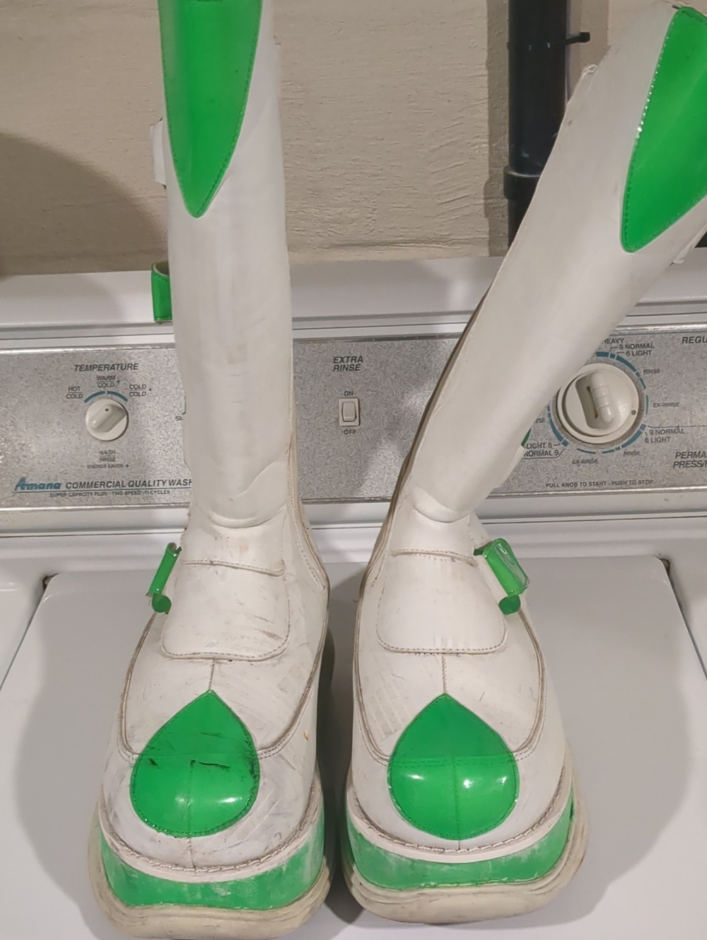 White and Green Demonia Platform Boots, With Subtle Circuit Board Pattern